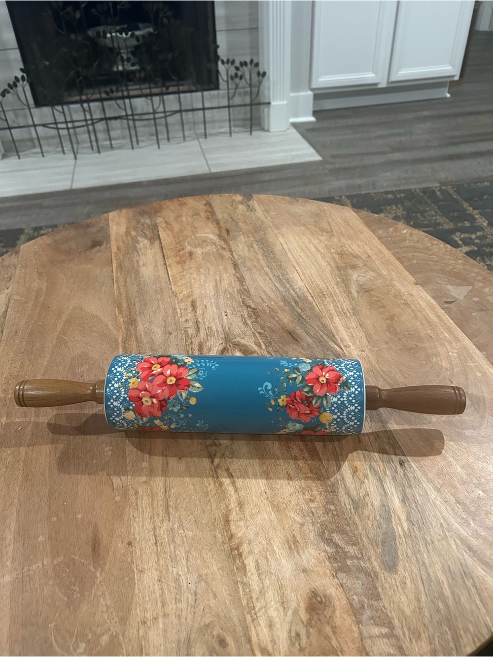 The Pioneer Woman Teal Floral Rolling Pin w/ Acacia Wood Grips Red Poppy Accents